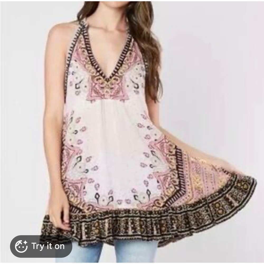 Free People Steal The Sun Tunic Tank‎ Top Pink Boho Print Halter Womens Medium